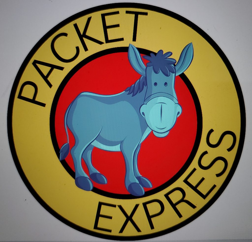 Image of a logo for "Packet Express". The logo consists of a red circle in the center of a yellow circle, with a cartoon donkey in the center.