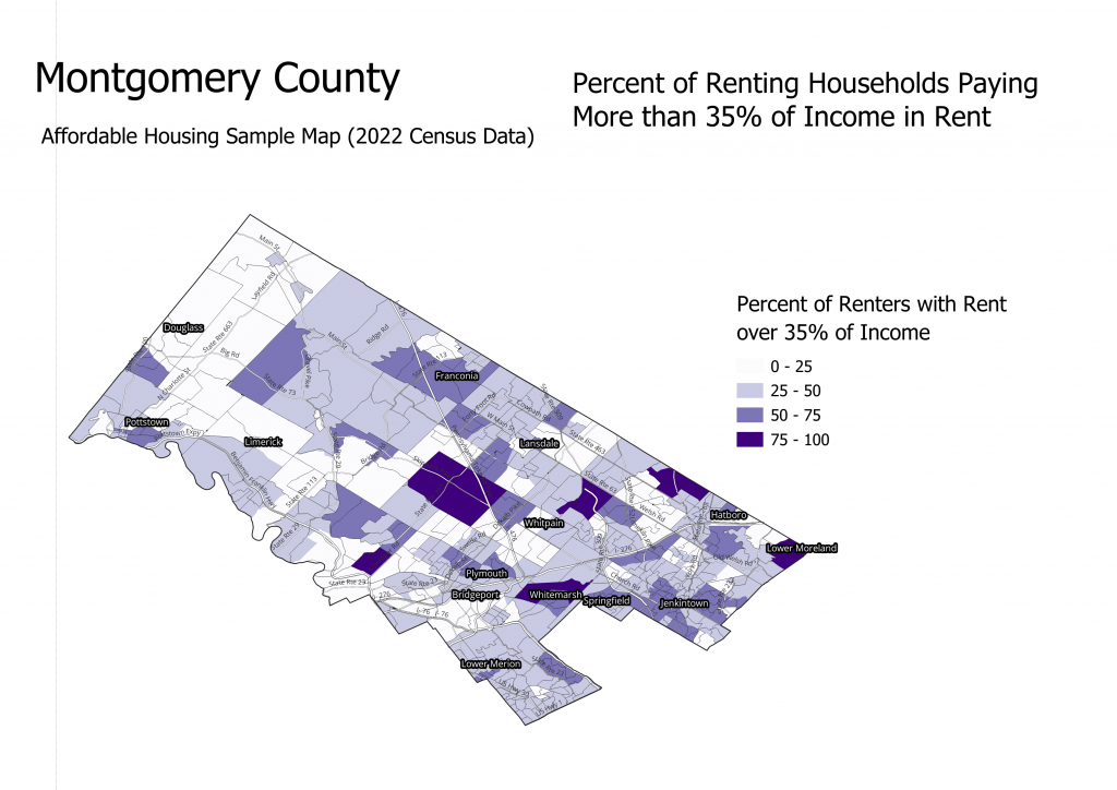 A map titled "Montgomery County. Percent of Renting Households Paying More than 35% of Income in Rent". A map shows Montgomery county with precinct boundaries and census data.